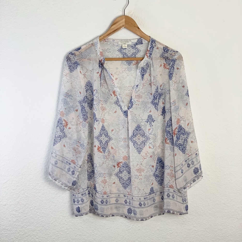 Saint Tropez West White & Blue Print Sheer Popover Tunic Blouse Sz L